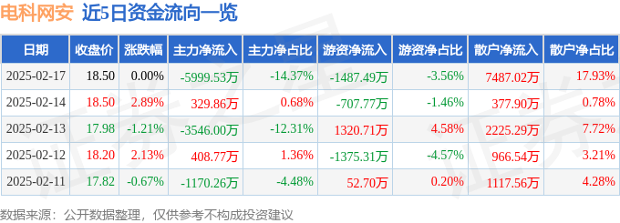 股票行情快报：电科网安（002268）2月17日主力资金净卖出5999.53万元